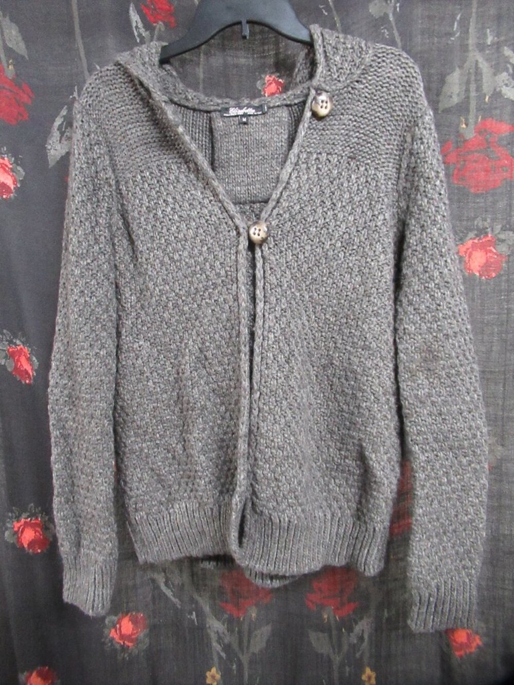 Button Front Grey Hooded Sweater Cardigan